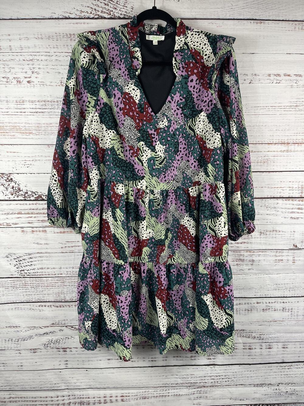 Jade Dress Women's Large Multicolor Animal Print V Neck Long Sleeve Swing Boho